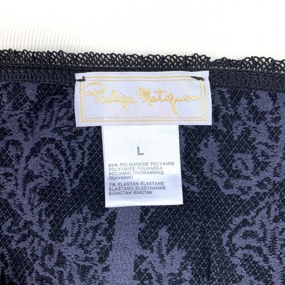PHILIPPE MATIGNON lace prints black lavender fitted top L - Picture 4 of 11